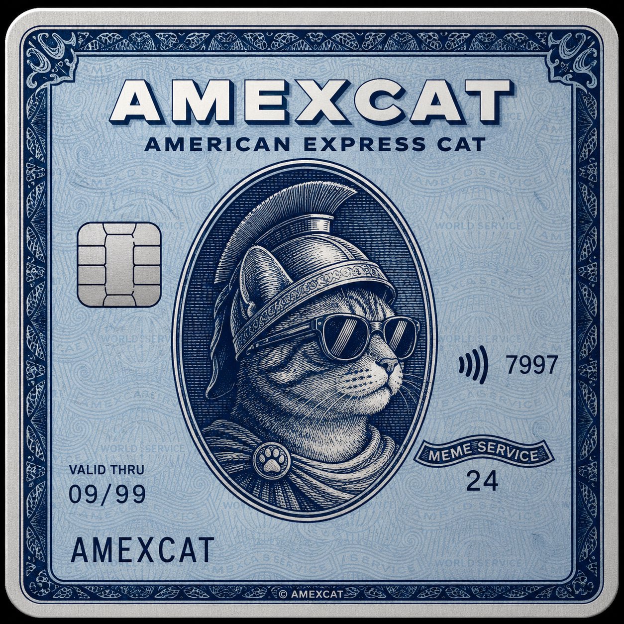 Vintage blue AMEXCat card featuring a helmeted cat wearing sunglasses